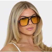 Oversized Yellow Tinted Lense Aviator Style Sunglasses In Black, Women's Size UK 0