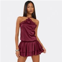Halterneck Lace Trim Layered Frill Hem Mini Dress In Burgundy, Women's Size US 8