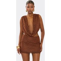 Ruched Cowl Front Tie Back Top In Brown Lace, Women's Size UK 14
