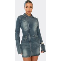 Long Sleeve Zip Detail Mini Dress In Washed Blue Denim, Women's Size UK 8