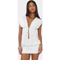 Plunge Neck Short Sleeve Tie Front Ruched Mini Dress In Ivory, Women's Size UK 14