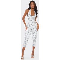 Halterneck Plunge Front Corset Capri Jumpsuit In White Polka Dot, Women's Size UK 14