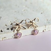 Bow Earrings With Pink Heart Charm