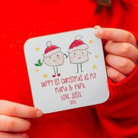 Personalised First Christmas As Mummy And Daddy Character Coaster