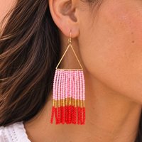 Pink, Red And Gold Beaded Fringe Statement Earrings