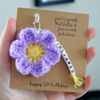 Personalised 40 50th 60 Birthday Crochet Flower Keyring