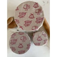 Set Of Three Natural Linen Bowl Covers With Red Ink Festive Design