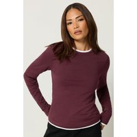 Pixiegirl Petite Women's Burgundy Red Contrast Long Sleeve Cotton Tshirt Size 18