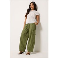 Pixiegirl Petite Women's Khaki Green Poplin Cotton Cargo Barrel Leg Trousers Size Petite > 14
