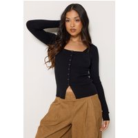 PixieGirl Women's Petite Ribbed Button Scoop Neck Jumper in Black | Size: 16-18
