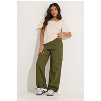 Pixiegirl Petite Women's Khaki Green Cuffed Cotton Cargo Trousers Size Petite > 14