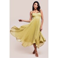 Goddiva Tie Back Pleated Lurex Skater Midi Dress Gold