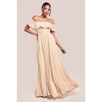 Goddiva Pleated Chiffon Off Shoulder Maxi Dress - Beige