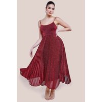 Goddiva Tie Back Pleated Lurex Skater Midi Dress Burgundy