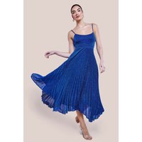 Goddiva Tie Back Pleated Lurex Skater Midi Dress Royal Blue