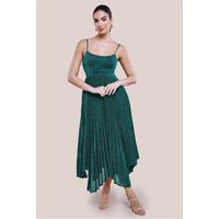 Goddiva Tie Back Pleated Lurex Skater Midi Dress Emerald
