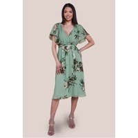 Goddiva Floral Printed Flutter Sleeve Chiffon Midi Dress Sage Green