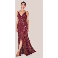 Goddiva Iridescent Sequin Maxi With Front Split - Burgundy