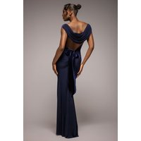 Goddiva Open Back Cowl Neck Gathered Maxi Dress With Velvet Tie Back - Navy Blue