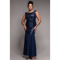 Chiffon & Sequin Embroidered Bardot Maxi Dress Navy Blue