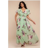 Goddiva Sustainable Printed Flutter Sleeve Maxi Dress - Duck Egg