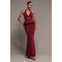Peplum Halter Neck Maxi Dress Diamante Buckle
