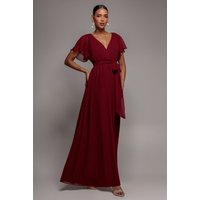 Goddiva Sustainable Chiffon Flutter Sleeve Wrap Maxi Dress - Berry
