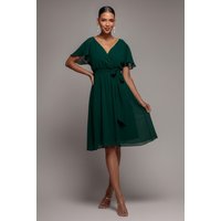 Chiffon Flutter Sleeve Wrap Midi Dress Dark Green