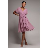 Goddiva Sustainable Flutter Sleeve Chiffon Wrap Midi Dress - Lavender