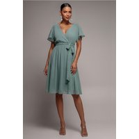 Sustainable Flutter Sleeve Chiffon Wrap Midi Dress Sage Green