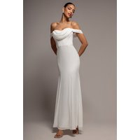 Goddiva Chiffon Bardot Cowl Neck Maxi Dress - White