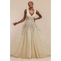 Goddiva Sunray Hand Embellished Sequin A-Line Sleeveless Maxi Dress - Ivory