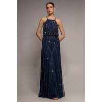Racer Neck Sleeveless Hand Embellished Sequin Maxi Dress Navy Blue