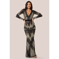 Goddiva Long Sleeve Sequin Evening Maxi Dress - Black