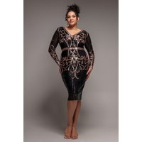 Sequin Mesh V Neck Midi Dress