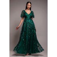 Flared Sleeve Embroidered Maxi Dress Emerald Green