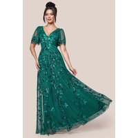 Goddiva Flared Sleeve Embroidered Maxi Dress - Emerald Green