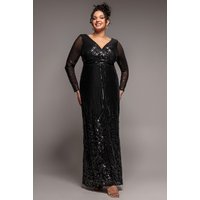 Goddiva Plus Long Sleeve Sequin V Wrap Maxi Dress - Black
