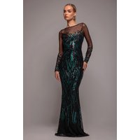 Goddiva Long Sleeve Sequin Flame Maxi - Emerald Green