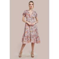 City Goddess Wrap Flutter Sleeve Floral Midi Dress - Beige