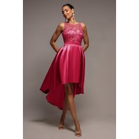 Sequin & Satin Dipped Hem Midi Hot Pink