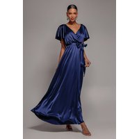 Satin Flutter Sleeve Wrap Maxi Dress Navy Blue