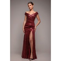 Goddiva Bardot Sequin Pleated Maxi Dress - Wine