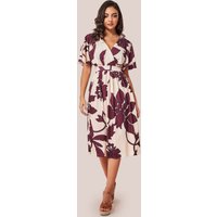Goddiva Leaf Print Flutter Sleeve Midi - Cream