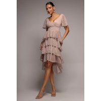 Goddiva Crinkle Lurex High Low Layered Midi Dress - Blush