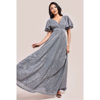 Sequin Lurex Flutter Sleeve Maxi Dress