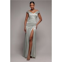 Goddiva Satin Off Shoulder Pleated Maxi Dress - Sage Green