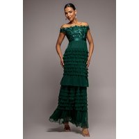 Scallop Bardot Ruffle Mesh Maxi Emerald Green
