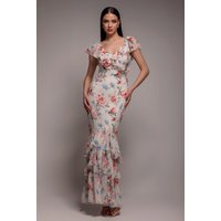 Goddiva Floral Printed Chiffon Ruffle Maxi - Cream