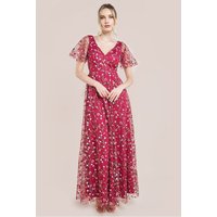 Goddiva Flutter Sleeve Floral Embroidered Maxi - Burgundy